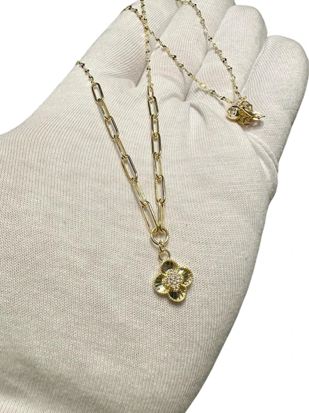 İtalyan Işıltılı Ataç Zincir Yonca Çok Şık Günlük Altın Kolye - Resim 2