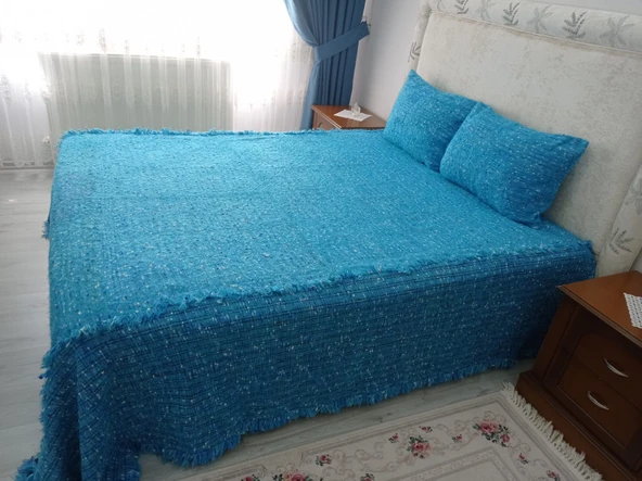Tavşan Tüyü Peluş El Dokuma Yumuşak Dokulu Çift Kişilik Yatak Örtüsü (280x260)-mavi - 3