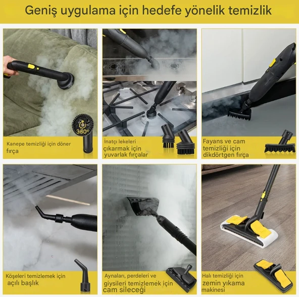 QASUL Buharlı Temizleyici 2000W Tekerlekli Temizleme Makinesi 1.8L Su Kapasitesi ve Aksesuar Seti - 8