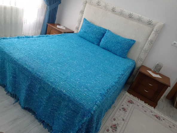 Tavşan Tüyü Peluş El Dokuma Yumuşak Dokulu Çift Kişilik Yatak Örtüsü (280x260)-mavi - 4