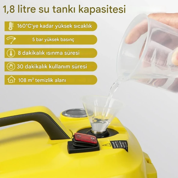 QASUL Buharlı Temizleyici 2000W Tekerlekli Temizleme Makinesi 1.8L Su Kapasitesi ve Aksesuar Seti - 7
