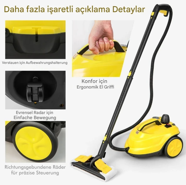 QASUL Buharlı Temizleyici 2000W Tekerlekli Temizleme Makinesi 1.8L Su Kapasitesi ve Aksesuar Seti - 2