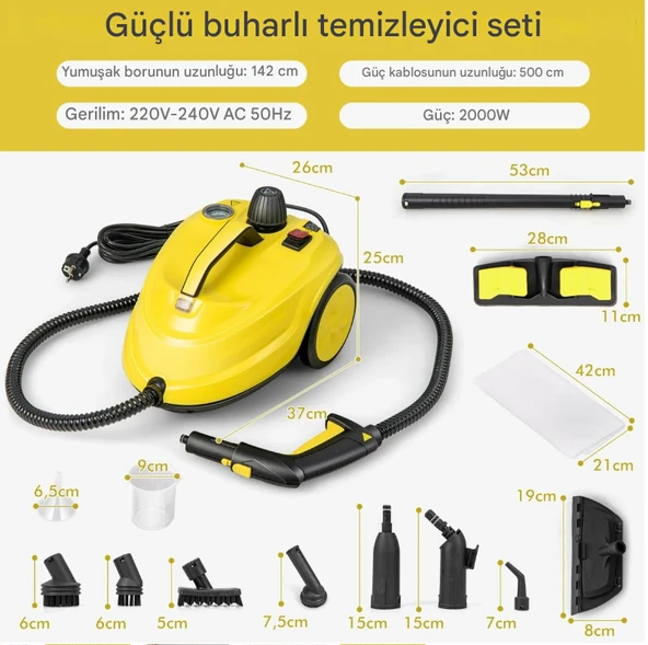 QASUL Buharlı Temizleyici 2000W Tekerlekli Temizleme Makinesi 1.8L Su Kapasitesi ve Aksesuar Seti - 6