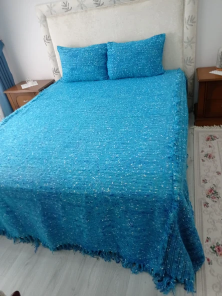 Tavşan Tüyü Peluş El Dokuma Yumuşak Dokulu Çift Kişilik Yatak Örtüsü (280x260)-mavi