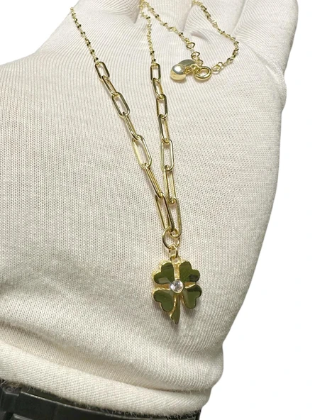 İtalyan Işıltılı Ataç ZincirTaşlı Yonca Çok Şık Günlük Altın Kolye - Resim 2