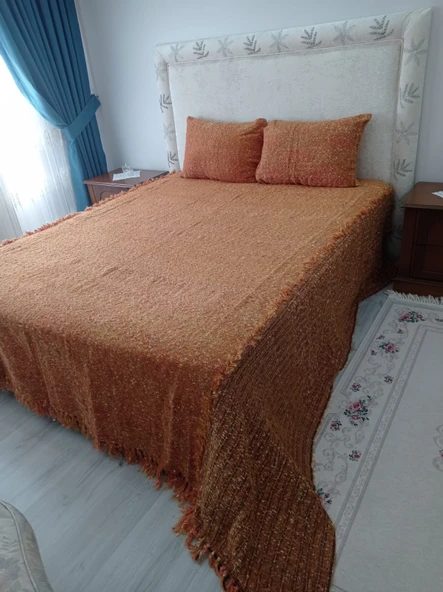 Tavşan Tüyü Peluş El Dokuma Yumuşak Dokulu Çift Kişilik Yatak Örtüsü (280x260)kremit