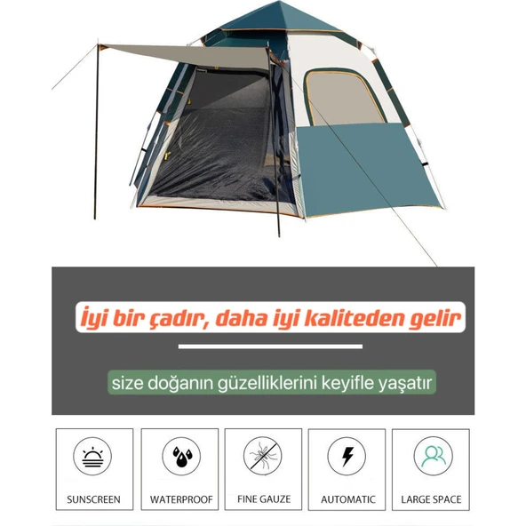 - Tam Otomatik Su ve Rüzgar Geçirmez Gölgelikli Altıgen Çadır Aile Çadırı 280*240*155 cm - 4