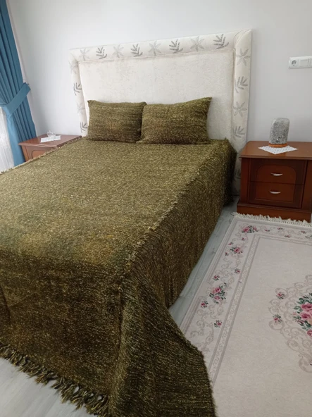 Tavşan Tüyü Peluş El Dokuma Yumuşak Dokulu Çift Kişilik Yatak Örtüsü (280x260)-yeşil