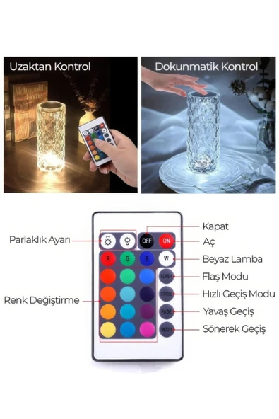Dokunmatik Kristal LED RGB Masa Lambası-Uzaktan Kumandalı Dekorasyon Lambası-USB Şarjlı B53 - 5