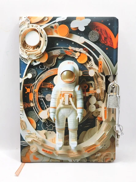 3D Görünümlü Hatıra Defteri (Günlük) Kilitli Defter 80 yaprak - Turuncu Astronot