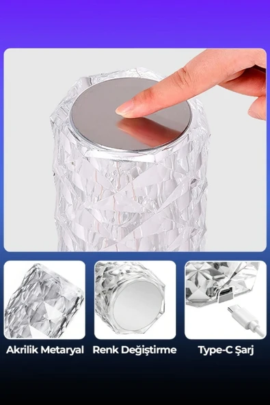 Dokunmatik Kristal LED RGB Masa Lambası-Uzaktan Kumandalı Dekorasyon Lambası-USB Şarjlı B53 - 4