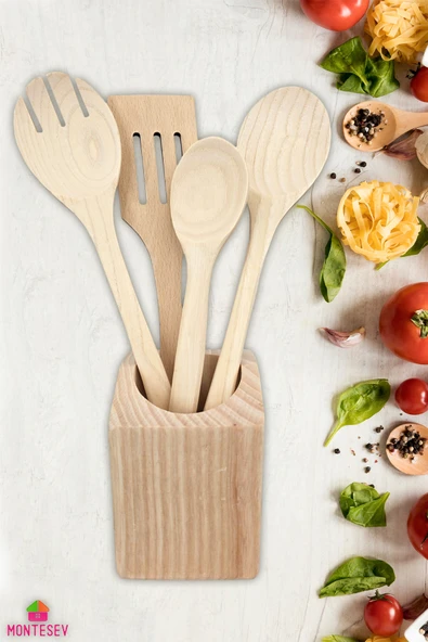 Standlı Ahşap Tahta Kaşık Seti Yemek Servis Sunum Kaşık Seti Ahşap Kaşıklık - Doğal Ağaç (5 Parça) ürün görseli