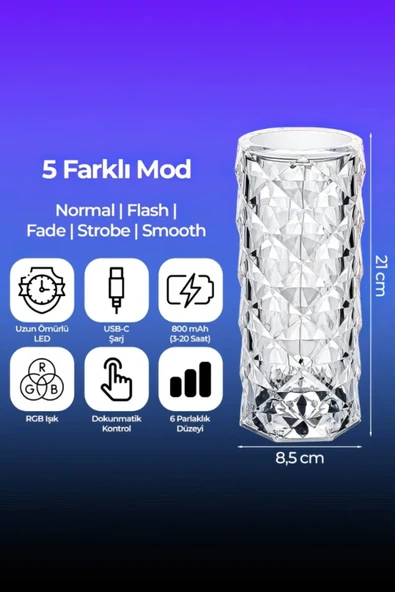 Dokunmatik Kristal LED RGB Masa Lambası-Uzaktan Kumandalı Dekorasyon Lambası-USB Şarjlı B53 - 3
