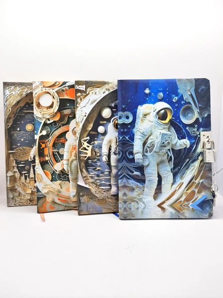 3D Görünümlü Hatıra Defteri (Günlük) Kilitli Defter 80 yaprak - Turuncu Astronot - Resim 4