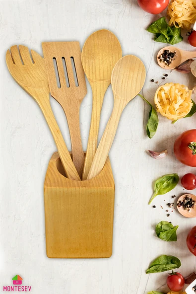 Standlı Ahşap Tahta Kaşık Seti Yemek Servis Sunum Kaşık Seti Ahşap Kaşıklık - Doğal yağlı (5 Parça) ürün görseli