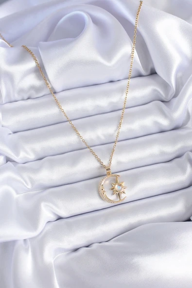 316L Çelik Gold Renk Zirkon Taşlı Ay Yıldız Model Kadın Kolye - Resim 2