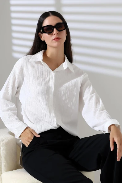 Regular Fit Uzun Kollu Durres Dokulu Kadın Serin Tutan Gömlek - 7