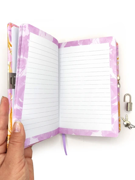 Çiçek Ebru Desen Hatıra Defteri (Günlük) Kilitli Defter 80 yaprak - Mor - Resim 3