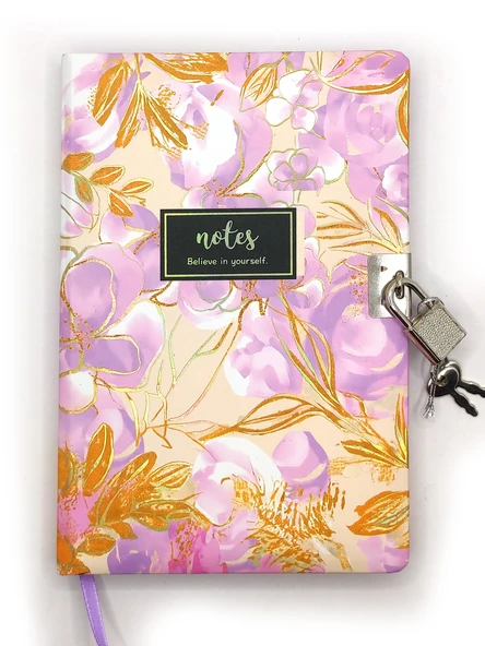 Çiçek Ebru Desen Hatıra Defteri (Günlük) Kilitli Defter 80 yaprak - Mor ürün görseli