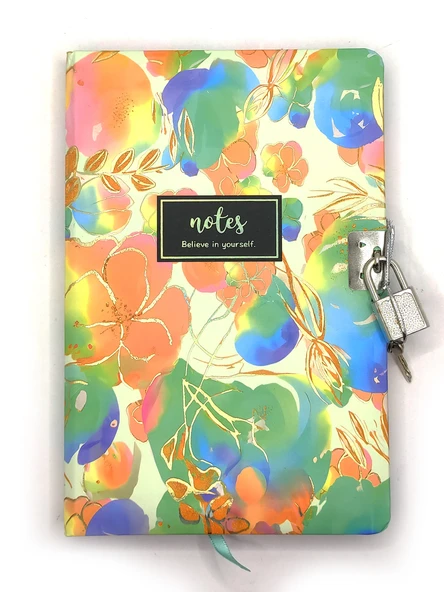 Çiçek Ebru Desen Hatıra Defteri (Günlük) Kilitli Defter 80 yaprak - Turuncu