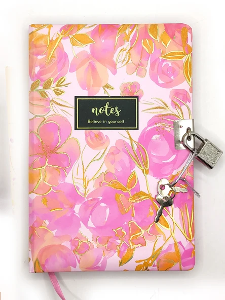 Çiçek Ebru Desen Hatıra Defteri (Günlük) Kilitli Defter 80 yaprak - Pembe