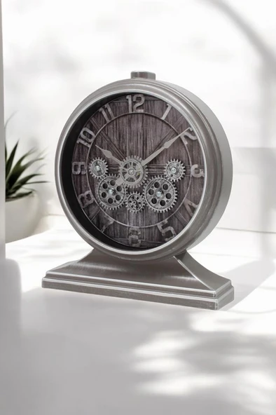 Efe Mark Premium Serisi Antik Eskitme Kadranlı Döner Çarklı 32x28 CM Ev ve Ofis Masa ve Duvar Saati Rakamlı Gri - Resim 3