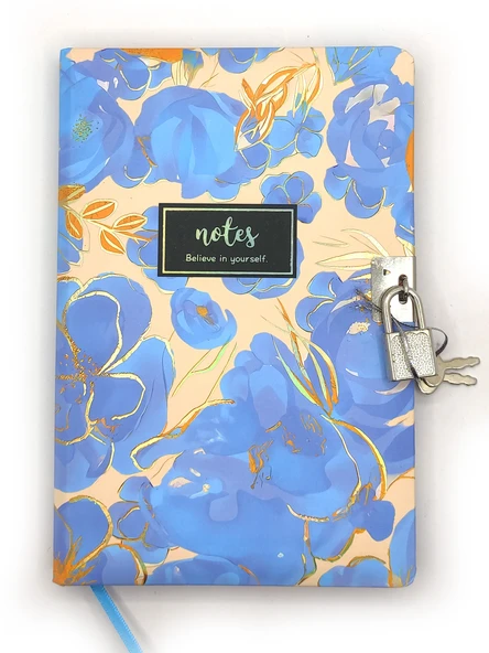 Çiçek Ebru Desen Hatıra Defteri (Günlük) Kilitli Defter 80 yaprak - Mavi