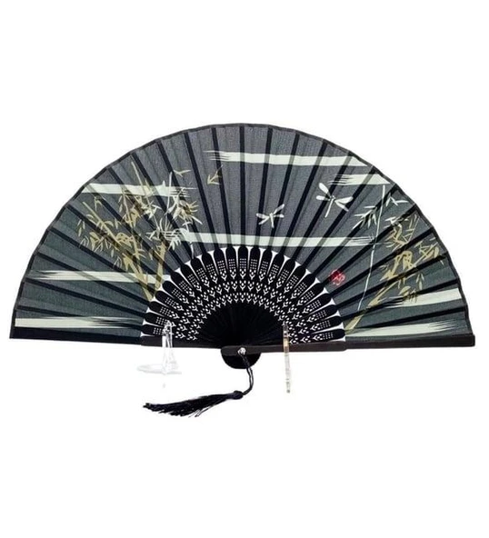 Beluga Yelpaze Bambu Kumaş Serinletici Vintage Siyah Şık Dekorasyon Püsküllü Japon Yelpaze 0174