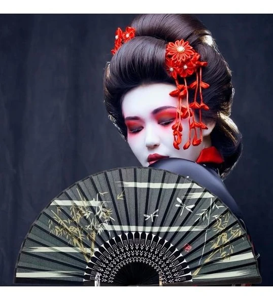 Beluga Yelpaze Bambu Kumaş Serinletici Vintage Siyah Şık Dekorasyon Püsküllü Japon Yelpaze 0174 - 3