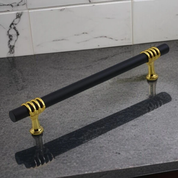 Mobilya Mutfak Dolabı Çekmece Dolap Kulpları Kapak Kulpu Kulbu Siyah Altın 224 mm Metal Kulp - Resim 3