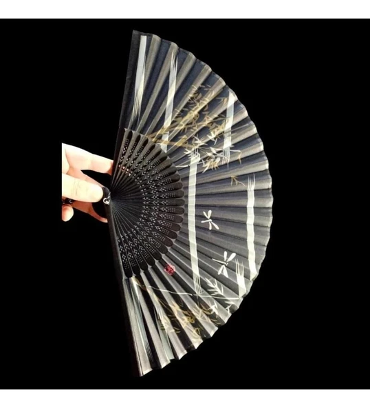 Beluga Yelpaze Bambu Kumaş Serinletici Vintage Siyah Şık Dekorasyon Püsküllü Japon Yelpaze 0174 - 2