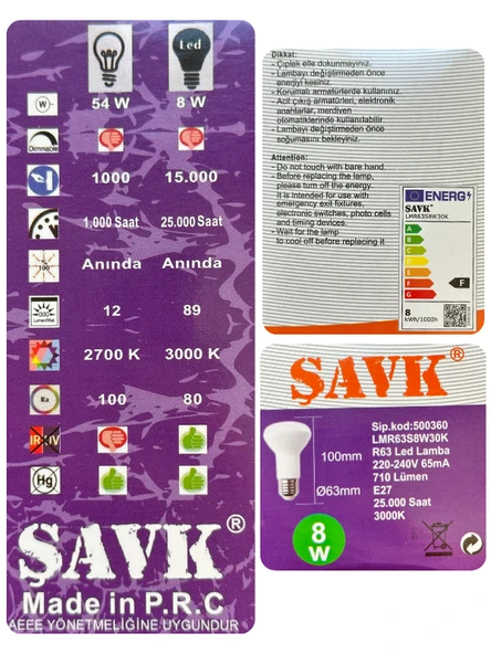 (1 Adet) Şavk 8W (54W) Sarı Işık (3000K) E27 Duylu (Kalın Duy) Led R63 Ampul - 3
