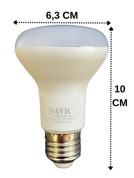 (1 Adet) Şavk 8W (54W) Sarı Işık (3000K) E27 Duylu (Kalın Duy) Led R63 Ampul - 2
