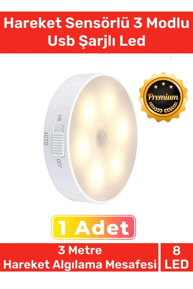 Premium Üretim Mıknatıslı 3 Mod Pratik Hareket Sensörlü 8 Ledli Usb Şarjlı Beyaz Işık Gece Lambası