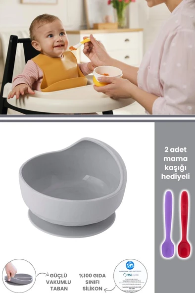 Silicolife Eğimli Mama Kasesi, Vakum Tabanlı Bebek Çocuk Eğimli Mama Tabağı - 2 Mama Kaşığı Hediyeli