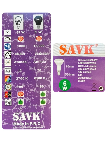 (6 Adet) Şavk 6W (37W) Beyaz Işık (6500K) E14 Duylu (İnce Duy) Led R50 Ampul - Resim 4