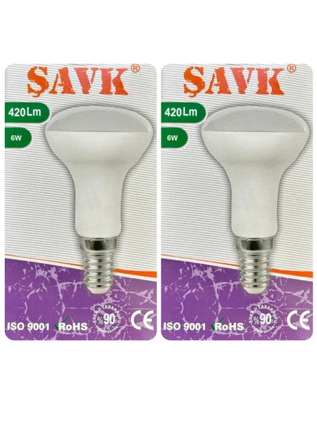 (2 Adet) Şavk 6W (37W) Beyaz Işık (6500K) E14 Duylu (İnce Duy) Led R50 Ampul