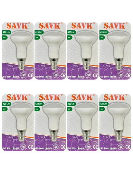 (8 Adet) Şavk 6W (37W) Beyaz Işık (6500K) E14 Duylu (İnce Duy) Led R50 Ampul