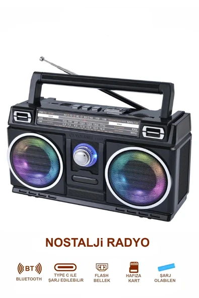 Nostalji Radyo RGB Işıklı 10W Gücünde Kaliteli Yüksek Sesli Çift Hoparlör