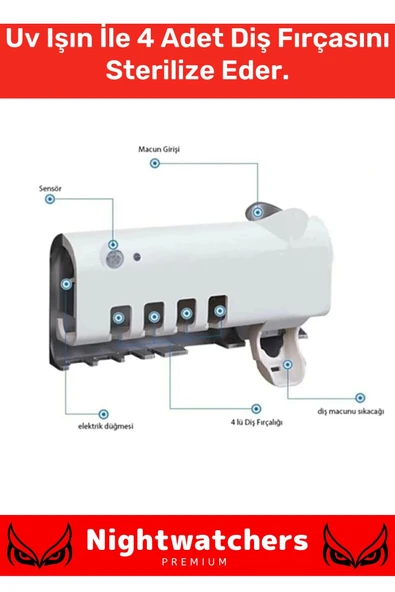 Deluxe Usb Şarjlı Güneş Enerjili Otomatik Diş Macun Sıkacağı Sterilizatörlü 4 Adet Fırçalığı Tutucu - 3