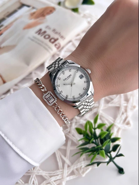 Tom Jones Çelik Kordon Kararma Renk Atma Yapmaz 3 Atm Suya Dayanıklı Kadın Kol Saati BTJ.1.1368.1 - Resim 2