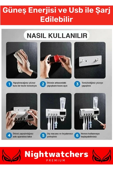 Deluxe Usb Şarjlı Güneş Enerjili Otomatik Diş Macun Sıkacağı Sterilizatörlü 4 Adet Fırçalığı Tutucu - 2