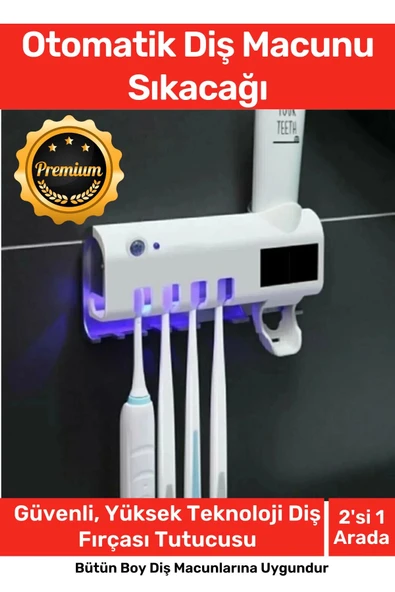 Deluxe Usb Şarjlı Güneş Enerjili Otomatik Diş Macun Sıkacağı Sterilizatörlü 4 Adet Fırçalığı Tutucu