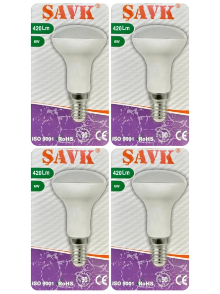 (4 Adet) Şavk 6W (37W) Beyaz Işık (6500K) E14 Duylu (İnce Duy) Led R50 Ampul ürün görseli 1