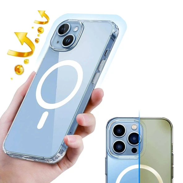 iPhone 15 Plus Kılıf M-safe Şarj Özellikli Şeffaf Sert PC Embos Kapak - Resim 2
