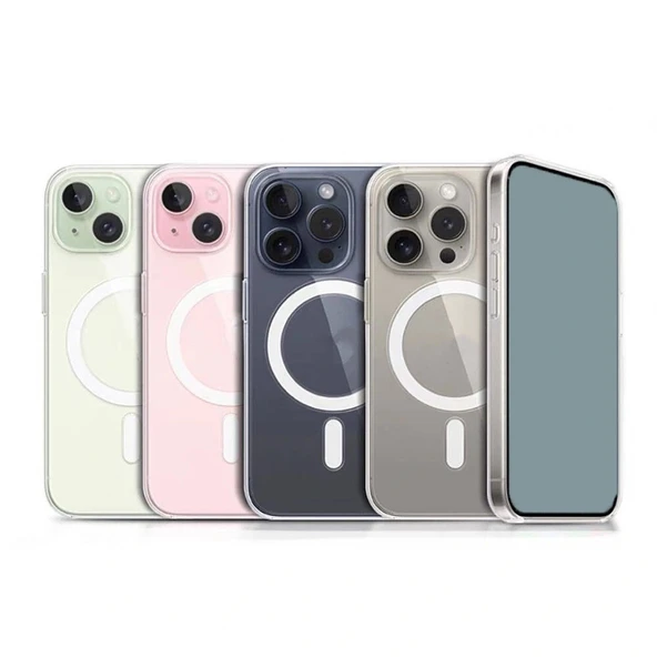 iPhone 15 Pro Kılıf M-safe Şarj Özellikli Şeffaf Sert PC Embos Kapak - Resim 4