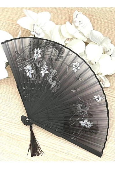 Beluga Yelpaze Bambu Kumaş Serinletici Vintage Siyah Şık Dekorasyon Püsküllü Japon Yelpaze 0365