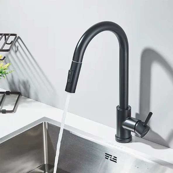 Venita Siyah Spiralli Mutfak Eviye Bataryası Dekor Musluk Çift Akış Sistemli - Resim 2