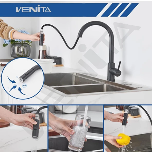 Venita Siyah Spiralli Mutfak Eviye Bataryası Dekor Musluk Çift Akış Sistemli - Resim 6
