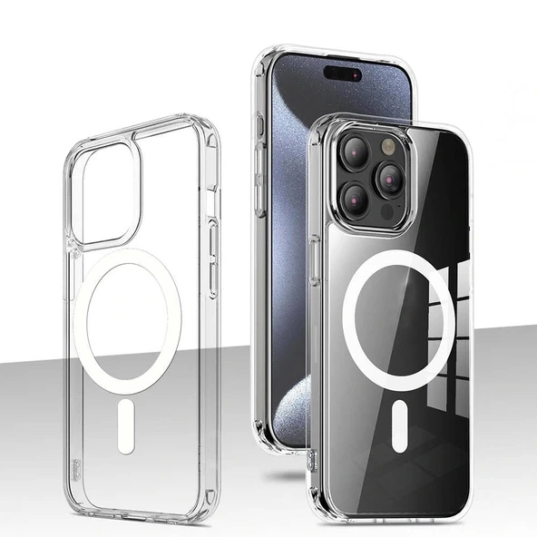 iPhone 15 Pro Kılıf M-safe Şarj Özellikli Şeffaf Sert PC Embos Kapak - Resim 6